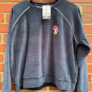 Kin Ship Goods Mushroom Navy Velour Raglan Crop Top 70s Look- XL